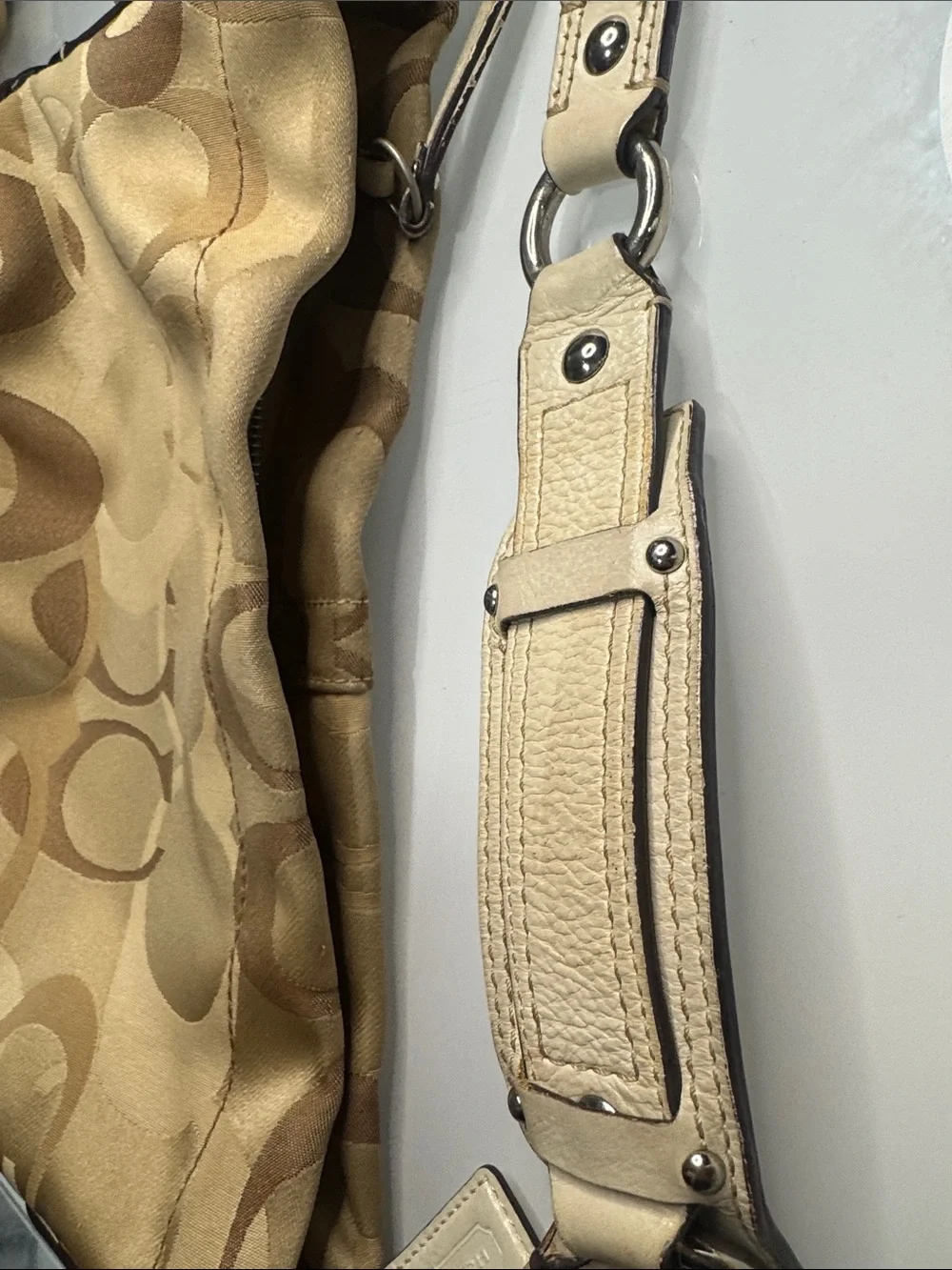 Coach Carly Small Signature Canvas Hobo in Beige and Brown